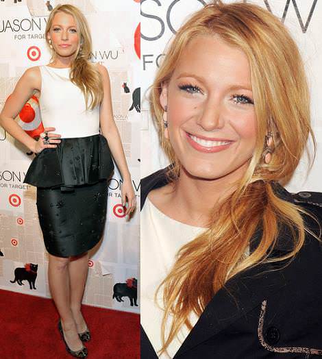 Blake Lively con vestido de volantes y en blanco y negro